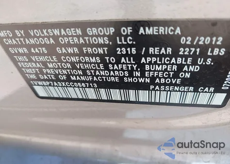 2012 Volkswagen Passat 2.5L Se z USA, uszkodzony, nr VIN 1VWBP7A3XCC056713